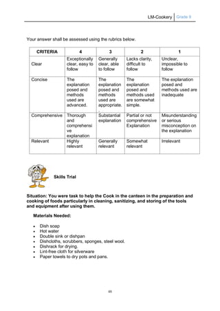 LM-Cookery Grade 9 
48 
Your answer shall be assessed using the rubrics below. 
CRITERIA 
4 
3 
2 
1 
Clear 
Exceptionally...