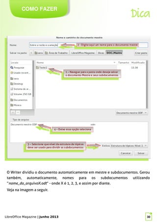 LibreOffice Magazine | Junho 2013 30
COMO FAZER
Dica
O Writer dividiu o documento automaticamente em mestre e subdocumentos. Gerou
também, automaticamente, nomes para os subdocumentos utilizando
“nome_do_arquivoX.odt” - onde X é 1, 2, 3, e assim por diante.
Veja na imagem a seguir.
2 - Digite aqui um nome para o documento mestre
2 - Digite aqui um nome para o documento mestre
1 – Navegue para a pasta onde deseja salvar
o documento Mestre e seus subdocumentos
1 – Navegue para a pasta onde deseja salvar
o documento Mestre e seus subdocumentos
3 – Selecione que nível da estrutura de tópicos
deve ser usado para dividir os subdocumentos
3 – Selecione que nível da estrutura de tópicos
deve ser usado para dividir os subdocumentos
4 – Deixe essa opção seleciona
4 – Deixe essa opção seleciona
LibreOffice Magazine | Junho 2013 30
 