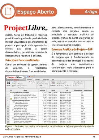 LibreOffice Magazine | Fevereiro 2014 79
custos, horas de trabalho e recursos,
possibilitando ganho de produtividade,
melhor visualização do andamento do
projeto e percepção mais apurada dos
efeitos das ações a serem
desenvolvidas, permitindo tomadas de
decisões mais racionais e eficazes.
Principais FuncionalidadesPrincipais Funcionalidades
Como um software de gerenciamento
de projetos, o ProjetcLibre
disponibiliza diversas funcionalidades
para planejamento, monitoramento e
controle dos projetos, sendo as
principais a estrutura analítica do
projeto, gráfico de Gantt, diagramas de
rede, estrutura analítica dos recursos e
relatórios e outros recursos.
Estrutura Analítica do Projeto –EAPEstrutura Analítica do Projeto –EAP
É a ferramenta que gerencia o escopo
do projeto que é fundamentada na
decomposição das entregas e trabalhos
do projeto em componentes
considerados mais adequados para o
planejamento e controle.
Figura 1: Cadastro dos dados relacionados as atividades e informações detalhadas de
cada atividade
Espaço Aberto Artigo
 