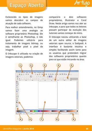 LibreOffice Magazine | Abril 2014 89
Esclarecido os tipos de imagens
vamos descobrir os campos de
atuação de cada software.
Para melhor entendimento, no Gimp
vamos fazer uma analogia ao
software proprietário Photoshop. Ele
é semelhante ao Photoshop, e não
igual. Podemos utilizá-lo para
tratamento de imagens bitmap, ou
seja, trabalhar pixel a pixel da
imagem.
O Inkscape é utilizada na criação de
imagens vetoriais, podemos
compará-lo a dois softwares
proprietários, Illustrator e Corel
Draw. Neste artigo vamos nos ater ao
Inkscape, e para que todos os leitores
possam participar da evolução dos
tutoriais vamos começar do início.
O Inkscape nasceu utilizando a base
de um outro editor de imagens
vetoriais open source, o Sodipodi. A
interface é bastante intuitiva e
simples facilitando assim tanto para
os usuários que pretendem migrar
dos softwares proprietários quanto
para os que estão iniciando na área.
LibreOffice Magazine | Junho 2014 89
Espaço AbertoEspaço Aberto Artigo
 