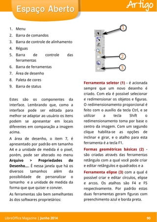 LibreOffice Magazine | Abril 2014 90
1. Menu
2. Barra de comandos
3. Barra de controle de alinhamento
4. Réguas
5. Barra de controle das
ferramentas
6. Barra de ferramentas
7. Área de desenho
8. Paleta de cores
9. Barra de status
Estes são os componentes da
interface. Lembrando que, como a
interface pode ser editada para
melhor se adaptar ao usuário os itens
podem se apresentar em locais
diferentes em comparação a imagem
acima.
A área de desenho, o item 7, é
apresentado por padrão em tamanho
A4 e a unidade de medida é o pixel,
porém, pode ser alterado no menu
Arquivo > Propriedades do
Desenho.... É nessa janela que há os
diversos tamanhos além da
possibilidade de personalizar o
tamanho e a unidade de medida da
forma que que quiser e convier.
As ferramentas são bem semelhantes
às dos softwares proprietários:
Ferramenta seletor (1) - é acionada
sempre que um novo desenho é
criado. Com ela é possível selecionar
e redimensionar os objetos e figuras.
O redimensionamento proporcional é
feito com o auxílio da tecla Ctrl, e se
utilizar a tecla Shift o
redimensionamento toma por base o
centro da imagem. Com um segundo
clique habilita-se as opções de
inclinar e girar, e o atalho para esta
ferramenta é a tecla F1.
Formas geométricas básicas (2) -
são criadas através das ferramentas
retângulo com a qual você pode criar
e editar retângulos e quadrados e a
Ferramenta elipse (3) com a qual é
possível criar e editar círculos, elipse
e arcos. Os atalhos são F4 e F5
respectivamente. Por padrão estas
duas ferramentas geram figuras com
preenchimento azul e borda preta.
LibreOffice Magazine | Junho 2014 90
Espaço AbertoEspaço Aberto Artigo
 