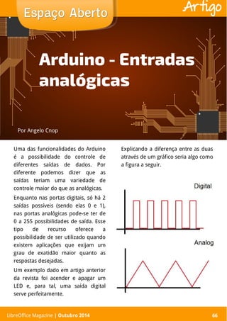 LibreOffice Magazine | Abril 2014 66
Uma das funcionalidades do Arduino
é a possibilidade do controle de
diferentes saídas de dados. Por
diferente podemos dizer que as
saídas teriam uma variedade de
controle maior do que as analógicas.
Enquanto nas portas digitais, só há 2
saídas possíveis (sendo elas 0 e 1),
nas portas analógicas pode-se ter de
0 a 255 possibilidades de saída. Esse
tipo de recurso oferece a
possibilidade de ser utilizado quando
existem aplicações que exijam um
grau de exatidão maior quanto as
respostas desejadas.
Um exemplo dado em artigo anterior
da revista foi acender e apagar um
LED e, para tal, uma saída digital
serve perfeitamente.
Explicando a diferença entre as duas
através de um gráfico seria algo como
a figura a seguir.
Por Angelo Cnop
Espaço AbertoEspaço Aberto
LibreOffice Magazine | Outubro 2014 66
Artigo
Arduino - Entradas
analógicas
 