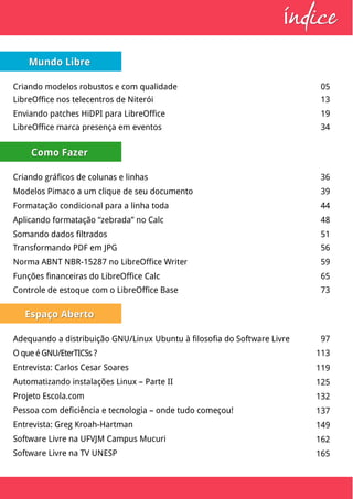 Mundo LibreMundo Libre
Criando modelos robustos e com qualidade 05
LibreOffice nos telecentros de Niterói 13
Enviando patches HiDPI para LibreOffice 19
Como FazerComo Fazer
Criando gráficos de colunas e linhas 36
Modelos Pimaco a um clique de seu documento 39
Formatação condicional para a linha toda 44
Aplicando formatação “zebrada” no Calc 48
Espaço AbertoEspaço Aberto
Adequando a distribuição GNU/Linux Ubuntu à filosofia do Software Livre 97
O que é GNU/EterTICSs ? 113
Entrevista: Carlos Cesar Soares 119
Automatizando instalações Linux – Parte II 125
Projeto Escola.com 132
Pessoa com deficiência e tecnologia – onde tudo começou! 137
Somando dados filtrados 51
Entrevista: Greg Kroah-Hartman 149
ndiceíndiceí
Transformando PDF em JPG 56
Norma ABNT NBR-15287 no LibreOffice Writer 59
Funções financeiras do LibreOffice Calc 65
Controle de estoque com o LibreOffice Base 73
Software Livre na UFVJM Campus Mucuri 162
LibreOffice marca presença em eventos 34
Software Livre na TV UNESP 165
 