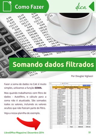 Por Douglas Vigliazzi
Como FazerComo Fazer
LibreOffice Magazine | Dezembro 2014 51
dicadica
Fazer a soma de dados no Calc é muito
simples, utilizamos a função SOMA.
Mas quando trabalhamos com filtro de
dados - Autofiltro, o cálculo para a
soma não é atualizado. São somados
todos os valores, incluindo os valores
ocultos que não fizeram parte do filtro.
Veja a nossa planilha de exemplo.
Somando dados filtradosSomando dados filtrados
 