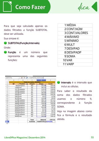 Como FazerComo Fazer dicadica
LibreOffice Magazine | Dezembro 2014 53
Para que seja calculado apenas os
dados filtrados a função SUBTOTAL
deve ser utilizada.
Sua sintaxe é:
SUBTOTAL(Função;Intervalo)SUBTOTAL(Função;Intervalo)
Onde:
FunçãoFunção é um número que
representa uma das seguintes
funções:
1MÉDIA
2CONT.NÚM
3CONT.VALORES
4MÁXIMO
5MÍNIMO
6MULT
7DESVPAD
8DESVPADP
9SOMA
10VAR
11VARP
IntervaloIntervalo é o intervalo que
inclui as células.
Para saber o resultado da
soma dos dados filtrados
usamos o número 9,
correspondente à função
SOMA.
Veja na imagem abaixo como
fica a fórmula e o resultado
obtido.
 