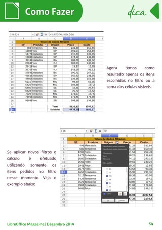 Como FazerComo Fazer dicadica
LibreOffice Magazine | Dezembro 2014 54
Agora temos como
resultado apenas os itens
escolhidos no filtro ou a
soma das células visíveis.
Se aplicar novos filtros o
calculo é efetuado
utilizando somente os
itens pedidos no filtro
nesse momento. Veja o
exemplo abaixo.
 