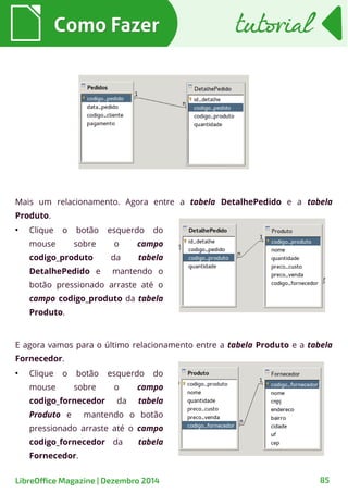 Como FazerComo Fazer tutorialtutorial
●
Clique o botão esquerdo do
mouse sobre o campo
codigo_fornecedor da tabela
Produto e mantendo o botão
pressionado arraste até o campo
codigo_fornecedor da tabela
Fornecedor.
E agora vamos para o último relacionamento entre a tabela Produto e a tabela
Fornecedor.
●
Clique o botão esquerdo do
mouse sobre o campo
codigo_produto da tabela
DetalhePedido e mantendo o
botão pressionado arraste até o
campo codigo_produto da tabela
Produto.
Mais um relacionamento. Agora entre a tabela DetalhePedido e a tabela
Produto.
LibreOffice Magazine | Dezembro 2014 85
 