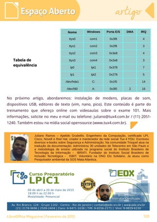 Espaço AbertoEspaço Aberto artigoartigo
LibreOffice Magazine | Fevereiro de 2015 120
Nome Windows Porta E/S DMA IRQ
ttys0 com1 0x3f8 4
ttys1 com2 0x2f8 3
ttys2 com3 0x3e8 4
ttys3 com4 0x2e8 3
lp0 lpt1 0x378 7
lp1 lpt2 0x278 5
/dev/hda1 C: 0x1f0 14
/dev/fd0 A: 0x3f0 2 16
No próximo artigo, abordaremos: instalação de modens, placas de som,
dispositivos USB, editores de texto (vim, nano, pico). Este conteúdo é parte do
treinamento que ofereço online com videoaulas sobre o exame 101. Mais
informações, solicite no meu e-mail ou telefone: juliano@tux4.com.br / (11) 2051-
1240. Também estou na mídia social opensource (www.tux4.com.br).
Tabela deTabela de
equivalênciaequivalência
Juliano Ramos – Apelido Grubelilo. Engenheiro da Computação, certificado LPI,
Cisco, Novell e Red Hat. criador e mantenedor da rede social Tux 4 YOU. Escreveu
diversos e-books sobre Segurança e Administração. Na comunidade Trisquel atua na
tradução da documentação. Administrou 30 unidades de Telecentro em São Paulo e
a metodologia de ensino utilizada no programa social do Instituto Brasileiro de
Tecnologia da Informação - IBRATI. Fundador do Instituto Social Brasileiro de
Inclusão Tecnológica - ISBIT. Voluntário na ONG Elo Solidário. Ja atuou como
Pesquisador ambiental da SOS Mata Atlantica.
 
