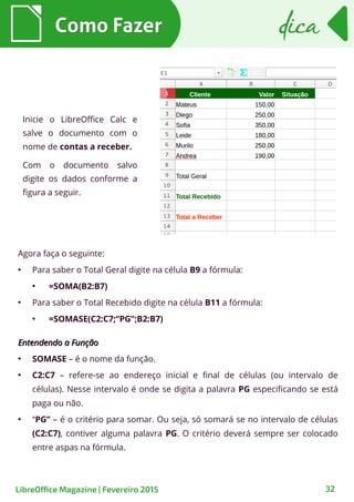 Agora faça o seguinte:
●
Para saber o Total Geral digite na célula B9 a fórmula:
●
=SOMA(B2:B7)
●
Para saber o Total Recebido digite na célula B11 a fórmula:
●
=SOMASE(C2:C7;“PG”;B2:B7)
Entendendo a FunçãoEntendendo a Função
●
SOMASE – é o nome da função.
●
C2:C7 – refere-se ao endereço inicial e final de células (ou intervalo de
células). Nesse intervalo é onde se digita a palavra PG especificando se está
paga ou não.
●
“PG” – é o critério para somar. Ou seja, só somará se no intervalo de células
(C2:C7), contiver alguma palavra PG. O critério deverá sempre ser colocado
entre aspas na fórmula.
Como FazerComo Fazer
32
dicadica
LibreOffice Magazine | Fevereiro 2015
Inicie o LibreOffice Calc e
salve o documento com o
nome de contas a receber.
Com o documento salvo
digite os dados conforme a
figura a seguir.
 