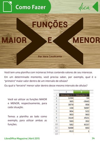 Você tem uma planilha com inúmeras linhas contendo valores de seu interesse.
Em um determinado momento, você precisa saber, por exemplo, qual é o
“primeiro” maior valor dentro de um intervalo de células?
Ou qual o “terceiro” menor valor dentro desse mesmo intervalo de células?
Como FazerComo Fazer
LibreOffice Magazine | Abril 2015 34
dicadica
MAIOR
Por Vera Cavalcante
Você vai utilizar as funções MAIOR
e MENOR, respectivamente, para
cada situação.
Temos a planilha ao lado como
exemplo, para utilizar ambas as
funções.
FUNÇÕES
E MENOR
 