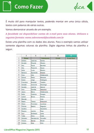 É muito útil para manipular textos, podendo montar em uma única célula,
textos com palavras de várias outras.
Vamos demonstrar através de um exemplo.
A faculdade vai disponibilizar contas de e-mail para seus alunos. Utilizara o
seguinte formato: nome.sobrenome@faculdade.com.br
Existe uma planilha com os dados dos alunos. Para o exemplo vamos utilizar
somente algumas colunas da planilha. Digite algumas linhas da planilha a
seguir.
Como FazerComo Fazer
17
dicadica
LibreOffice Magazine | Agosto 2015
 
