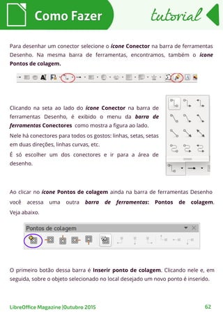 Clicando na seta ao lado do ícone Conector na barra de
ferramentas Desenho, é exibido o menu da barra de
ferramentas Conectores como mostra a figura ao lado.
Nele há conectores para todos os gostos: linhas, setas, setas
em duas direções, linhas curvas, etc.
É só escolher um dos conectores e ir para a área de
desenho.
Como FazerComo Fazer
62
tutorialtutorial
LibreOffice Magazine |Outubro 2015
Para desenhar um conector selecione o ícone Conector na barra de ferramentas
Desenho. Na mesma barra de ferramentas, encontramos, também o ícone
Pontos de colagem.
Ao clicar no ícone Pontos de colagem ainda na barra de ferramentas Desenho
você acessa uma outra barra de ferramentas: Pontos de colagem.
Veja abaixo.
O primeiro botão dessa barra é Inserir ponto de colagem. Clicando nele e, em
seguida, sobre o objeto selecionado no local desejado um novo ponto é inserido.
 