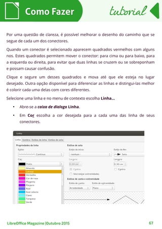 Por uma questão de clareza, é possível melhorar o desenho do caminho que se
segue de cada um dos conectores.
Quando um conector é selecionado aparecem quadrados vermelhos com alguns
nos. Estes quadrados permitem mover o conector: para cima ou para baixo, para
a esquerda ou direita, para evitar que duas linhas se cruzem ou se sobreponham
e possam causar confusão.
Clique e segure um desses quadrados e mova até que ele esteja no lugar
desejado. Outra opção disponível para diferenciar as linhas e distingui-las melhor
é colorir cada uma delas com cores diferentes.
Selecione uma linha e no menu de contexto escolha Linha…
●
Abre-se a caixa de dialogo Linha.
●
Em Cor escolha a cor desejada para a cada uma das linha de seus
conectores.
Como FazerComo Fazer
67
tutorialtutorial
LibreOffice Magazine |Outubro 2015
 