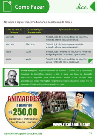 73
Daniel Rodriguez - Argentino residente em Misiones. Colabora com a comunidade
hispânica do LibreOffice, mantêm o site, e ajuda nas listas de discussão
respondendo perguntas, entre outras coisas. Mantêm o site Escuelas Libres
projetado para coletar informações e experiências relacionadas com a cultura livre na
educação. E-mail:drodriguez@escuelaslibres.org.ar
Como FazerComo Fazer dicadica
LibreOffice Magazine | Outubro 2015
Caixa de seleção
Sempre
Caixa de seleção
Somente tela
Ação de substituição
Marcada Vazia Substituição da fonte na tela e ao imprimir,
estando a fonte instalada ou não.
Marcada Marcada Substituição de fonte somente na tela,
estando a fonte instalada ou não.
Vazia Vazia Substituição somente na tela, caso a fonte não
esteja disponível no sistema operacional.
Vazia Vazia Substituição da fonte na tela e ao imprimir
caso a fonte não esteja disponível
Na tabela a seguir, veja como funciona a substituição de fontes.
 