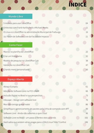 Mundo LibreMundo Libre
5 motivos para usar LibreOffice 04
Como FazerComo Fazer
Espaço AbertoEspaço Aberto
Entrevista com Frank Karlitscheik e Michael Meeks 11
O Linux e o LibreOffice na administração Municipal de Fraiburgo 16
1o. Fórum de Software Livre da Faculdade Impacta 21
Macros na planilha do LibreOffice 22
Criar um histograma 32
Modelo de pesquisa no LibreOffice Calc 38
Validação no LibreOffice Calc 47
Abraço Europeu 61
Adoção do Software Livre na FCE-UNAM 66
Inclusão Digital no Brasil e sua perspectivas 73
Inkscape – Design com software livre 76
Mas não consigo gravar nada! 86
Software Livre - Ainda não sabemos o que é isso! 96
Software Livre no Brasil - um passo à frente e dois para trás 102
Você sabia que existem várias pragas para o GNU/Linux? Não? Confira! 106
ÍNDICE
Criando menu personalizado 56
Simplifique o gerenciamento de pacotes pela linha de comando com APT 89
 