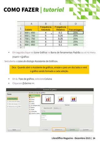 34LibreOffice Magazine - Dezembro 2015 |
● Em seguida clique no ícone Gráfico na Barra de ferramentas Padrão ou vá no menu
Inserir > Gráfico.
Será aberta a caixa de dialogo Assistente de Gráficos.
'
● Em 1. Tipo de gráfico, selecione Coluna.
● Clique em Próximo >>
Dica - Quando abrir o Assistente de gráficos, arraste-o para um dos lados e veráDica - Quando abrir o Assistente de gráficos, arraste-o para um dos lados e verá
o gráfico sendo formado a cada seleção.o gráfico sendo formado a cada seleção.
COMO FAZER | tutorial
 