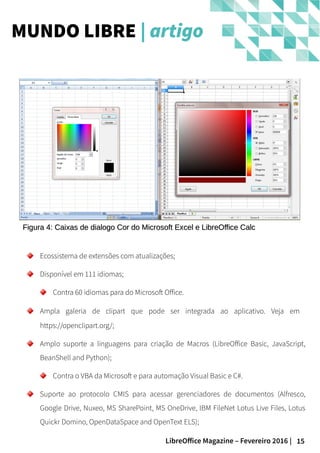 15LibreOffice Magazine – Fevereiro 2016 |
MUNDO LIBRE | artigo
Figura 4: Caixas de dialogo Cor do Microsoft Excel e LibreOffice CalcFigura 4: Caixas de dialogo Cor do Microsoft Excel e LibreOffice Calc
Ecossistema de extensões com atualizações;
Disponível em 111 idiomas;
Contra 60 idiomas para do Microsoft Office.
Ampla galeria de clipart que pode ser integrada ao aplicativo. Veja em
https://openclipart.org/;
Amplo suporte a linguagens para criação de Macros (LibreOffice Basic, JavaScript,
BeanShell and Python);
Contra o VBA da Microsoft e para automação Visual Basic e C#.
Suporte ao protocolo CMIS para acessar gerenciadores de documentos (Alfresco,
Google Drive, Nuxeo, MS SharePoint, MS OneDrive, IBM FileNet Lotus Live Files, Lotus
Quickr Domino, OpenDataSpace and OpenText ELS);
 