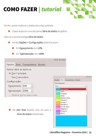 33LibreOffice Magazine – Fevereiro 2016 |
COMO FAZER | tutorial
Por fim, vamos melhorar a estética da nossa pirâmide.
Clique duplo em uma das barras Série de dados do gráfico.
Abre-se a caixa de dialogo Série de dados
Na aba Opções > Configurações preencha assim:
Em Espaçamento com 10%
Em Sobreposição com 100%.
Na aba Área escolha uma cor para a
Serie de dados selecionada.
 