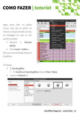 27LibreOffice Magazine – Junho 2016 |
COMO FAZER | tutorial
Em Passos:
● 1. Tipo de gráfico
● Em Escolha um tipo de gráfico selecione Pizza > Rosca
● Clique em Próximo >>
Agora vamos fazer um gráfico
circular. Esse tipo de gráfico vai
mostrar a variação de todas as notas
do empregado em cada um dos
quesitos avaliados.
● Selecione o intervalo
A8:E19
● Vá em Inserir > Gráfico…
Abre-se a Caixa de dialogo Assistente
de gráficos.
 