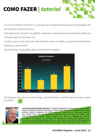 33LibreOffice Magazine – Junho 2016 |
COMO FAZER | tutorial
No blog Valeu Cara, do autor desse artigo, você pode baixar a planilha original que deu origem
ao tutorial.
A Linha de tenência demonstra, no exemplo, que o desenvolvimento geral do empregado está
em ascensão no decorrer do ano.
Você pode ainda, formatar o seu gráfico, mudando as cores das barras, da parede do gráfico, da
linha de tendência, das fontes etc.
Lembre-se que o Calc trata cada parte do gráfico como um objeto, o qual você pode formatar
do jeito que achar melhor.
Veja como ficou nosso gráfico após uma série de formatações.
Luiz Fernando Rezende Coutinho – Estuda Tecnologia em Sistemas de Computação
pela Universidade Federal Fluminense. Desde 1995 trabalha com diagramação, artes
gráficas, vídeo e fotografia. Em 2005 entrou em contato com o Linux pela primeira
vez. Desde 2011 usa exclusivamente software livre para todas as tarefas, seja
profissionalmente ou como hobby. Auxiliou, em 2012, na migração de toda a
Secretaria de Fazenda do município de Paraíba do Sul/RJ para software livre,
inclusive os sistemas operacionais. Criou no Calc todas as planilhas de simulações de
cálculos usados pelo setor tributário do município. Criou o blog Valeu Cara em 2010.
 