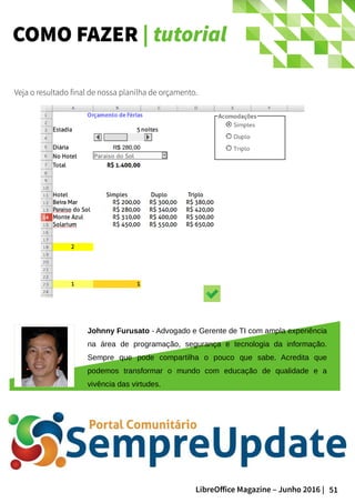51LibreOffice Magazine – Junho 2016 |
COMO FAZER | tutorial
Veja o resultado final de nossa planilha de orçamento.
Johnny Furusato - Advogado e Gerente de TI com ampla experiência
na área de programação, segurança e tecnologia da informação.
Sempre que pode compartilha o pouco que sabe. Acredita que
podemos transformar o mundo com educação de qualidade e a
vivência das virtudes.
 
