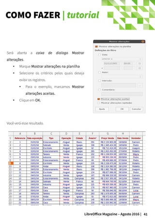 41LibreOffice Magazine – Agosto 2016 |
COMO FAZER | tutorial
Você verá esse resultado.
Será aberta a caixa de dialogo Mostrar
alterações.
● Marque Mostrar alterações na planilha
● Selecione os critérios pelos quais deseja
exibir os registros.
● Para o exemplo, marcamos Mostrar
alterações aceitas.
●
Clique em OK.
 