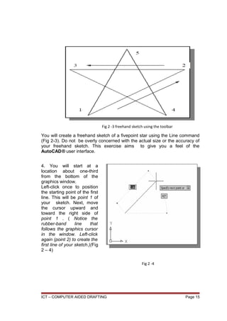 You will create a freehand sketch of a fivepoint star using the Line command
(Fig 2-3). Do not be overly concerned with the actual size or the accuracy of
your freehand sketch. This exercise aims to give you a feel of the
AutoCAD® user interface.
4. You will start at a
location about one-third
from the bottom of the
graphics window.
Left-click once to position
the starting point of the first
line. This will be point 1 of
your sketch. Next, move
the cursor upward and
toward the right side of
point 1 . ( Notice the
rubber-band line that
follows the graphics cursor
in the window. Left-click
again (point 2) to create the
first line of your sketch.)(Fig
2 – 4)
ICT – COMPUTER AIDED DRAFTING Page 15
Fig 2 -3 freehand sketch using the toolbar
Fig 2 -4
 
