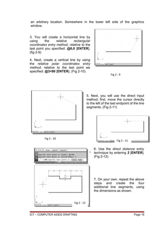 an arbitrary location. Somewhere in the lower left side of the graphics
window.
3. You will create a horizontal line by
using the relative rectangular
coordinates entry method, relative to the
last point you specified: @6,0 [ENTER].
(fig 2-9)
4. Next, create a vertical line by using
the relative polar coordinates entry
method, relative to the last point we
specified: @3<90 [ENTER]. (Fig 2-10)
5. Next, you will use the direct input
method; first, move the cursor directly
to the left of the last endpoint of the line
segments. (Fig 2-11)
6. Use the direct distance entry
technique by entering 2 [ENTER].
(Fig 2-12)
7. On your own, repeat the above
steps and create the four
additional line segments, using
the dimensions as shown.
ICT – COMPUTER AIDED DRAFTING Page 18
Fig 2 - 9
Fig 2 - 10
Fig 2 - 11
Fig 2 - 12
 