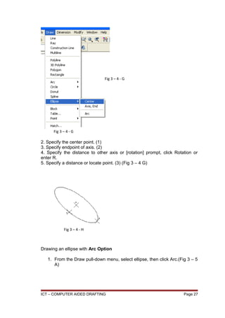 2. Specify the center point. (1)
3. Specify endpoint of axis. (2)
4. Specify the distance to other axis or [rotation] prompt, click Rotation or
enter R.
5. Specify a distance or locate point. (3) (Fig 3 – 4 G)
Drawing an ellipse with Arc Option
1. From the Draw pull-down menu, select ellipse, then click Arc.(Fig 3 – 5
A)
ICT – COMPUTER AIDED DRAFTING Page 27
Fig 3 – 4 - G
Fig 3 – 4 - G
Fig 3 – 4 - H
 