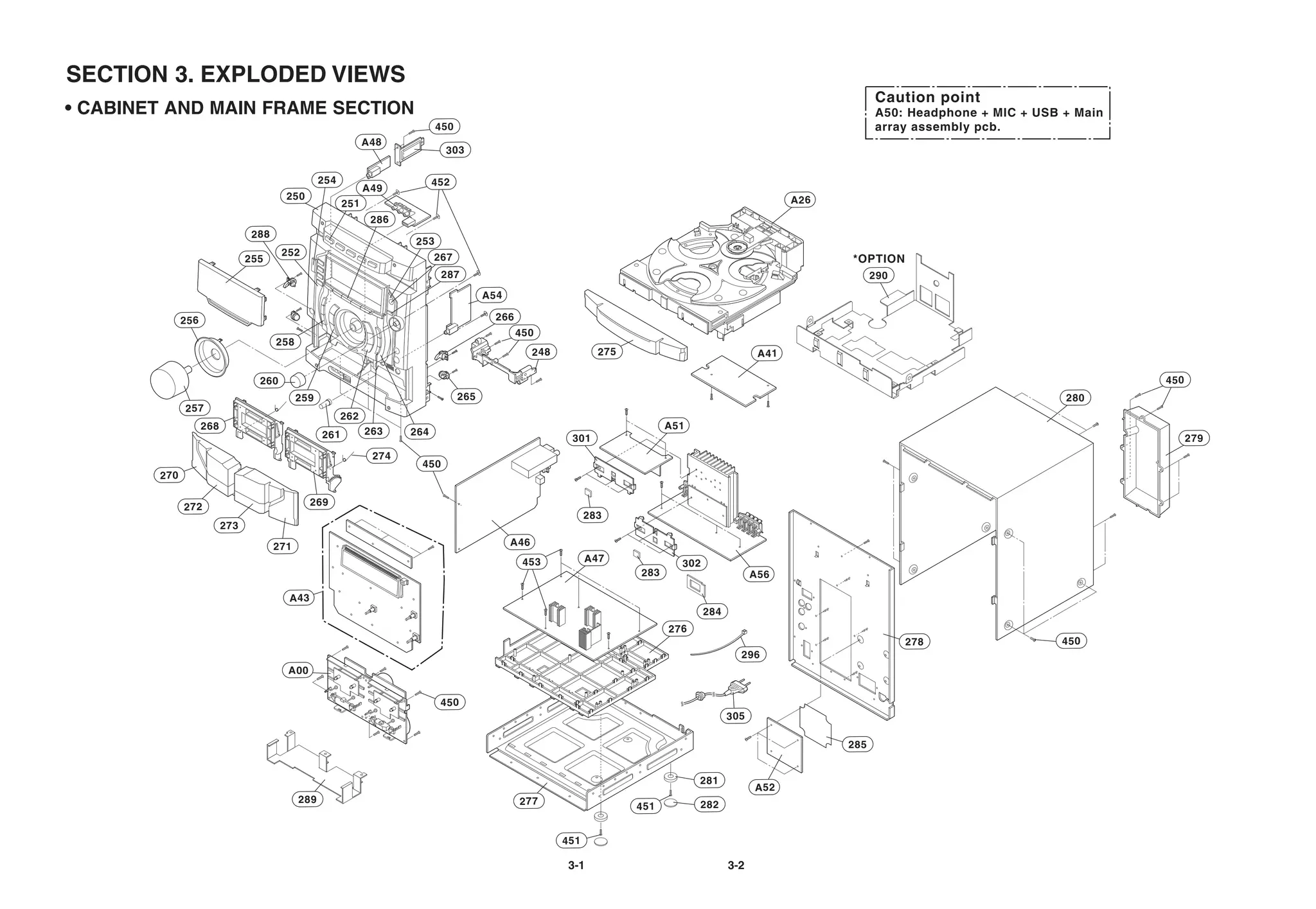 SECTION 3. EXPLODED VIEWS
                                                                                                                                                                     Caution point
• CABINET AND MAIN FRAME SECTION                                                                                                                                     A50: Headphone + MIC + USB + Main
                                                                            450                                                                                      array assembly pcb.
                                                               A48
                                                                              303

                                                   254                      452
                                                               A49
                                         250                                                                                                             A26
                                                         251
                                                                286
                                 288
                                                                      253
                                        252                                 267
                                255                                                                                                                            *OPTION
                                                                             287                                                                                     290
                                                                                        A54

              256                                                                         266
                                                                                                450
                                       258
                                                                                                    248           275                              A41

                                  260                                                                                                                                                                    450
                                             259                                  265                                                                                                           280
              257
                                                         262
                    268                                                                                                       A51
                                                   261         263    264
                                                                                                           301                                                                                                 279
                                                                274
                                                                       450
        270


              272                              269
                                                                                                                283
                          273

                                       271                                                    A46
                                                                                                 453            A47             302
                                                                                                                        283                       A56

                                         A43
                                                                                                                                      284
                                                                                                                              276
                                                                                                                                                                           278                  450
                                                                                                                                              296
                                         A00


                                                                             450
                                                                                                                                            305

                                                                                                                                                               285


                                                                                                                                    281
                                                                                                                                                  A52
                                             289                                                277                                 282
                                                                                                                        451


                                                                                                          451

                                                                                                          3-1                               3-2
 