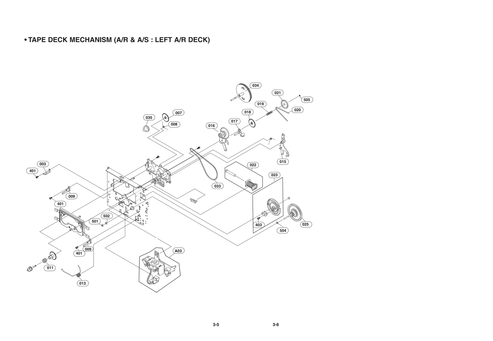 • TAPE DECK MECHANISM (A/R & A/S : LEFT A/R DECK)




                                                                                         034
                                                                                                  021
                                                                                                                   505
                                                                                           019
                                                                                                             020
                                                               007                 018
                                                       035
                                                                             017
                                                             008     016




                                                                                                       015
       003                                                                           022
 401
                                                                                                 023

                                                                       033

                         009
                   401


                                                 502
                                           501
                                                                                          403                      025
                                                                                                       504



                                     009                      A03
                               401


             011



                                013




                                                                       3-5                       3-6
 