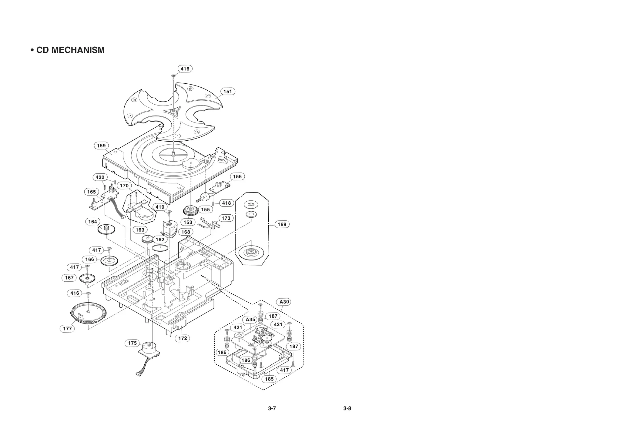• CD MECHANISM

                                             416



                                                           151




                     159




                    422                                          156
                           170
              165

                                                           418
                                       419
                                                    155
                                                           173
               164                            153                                   169
                                 163          168
                                       162

                417
              166
        417

      167


        416
                                                                                    A30

                                                                              187
                                                                       A35
                                                                                   421
      177                                                        421

                                             172
                             175
                                                                                           187
                                                          186
                                                                   186

                                                                                     417
                                                                             185




                                                                              3-7                3-8
 