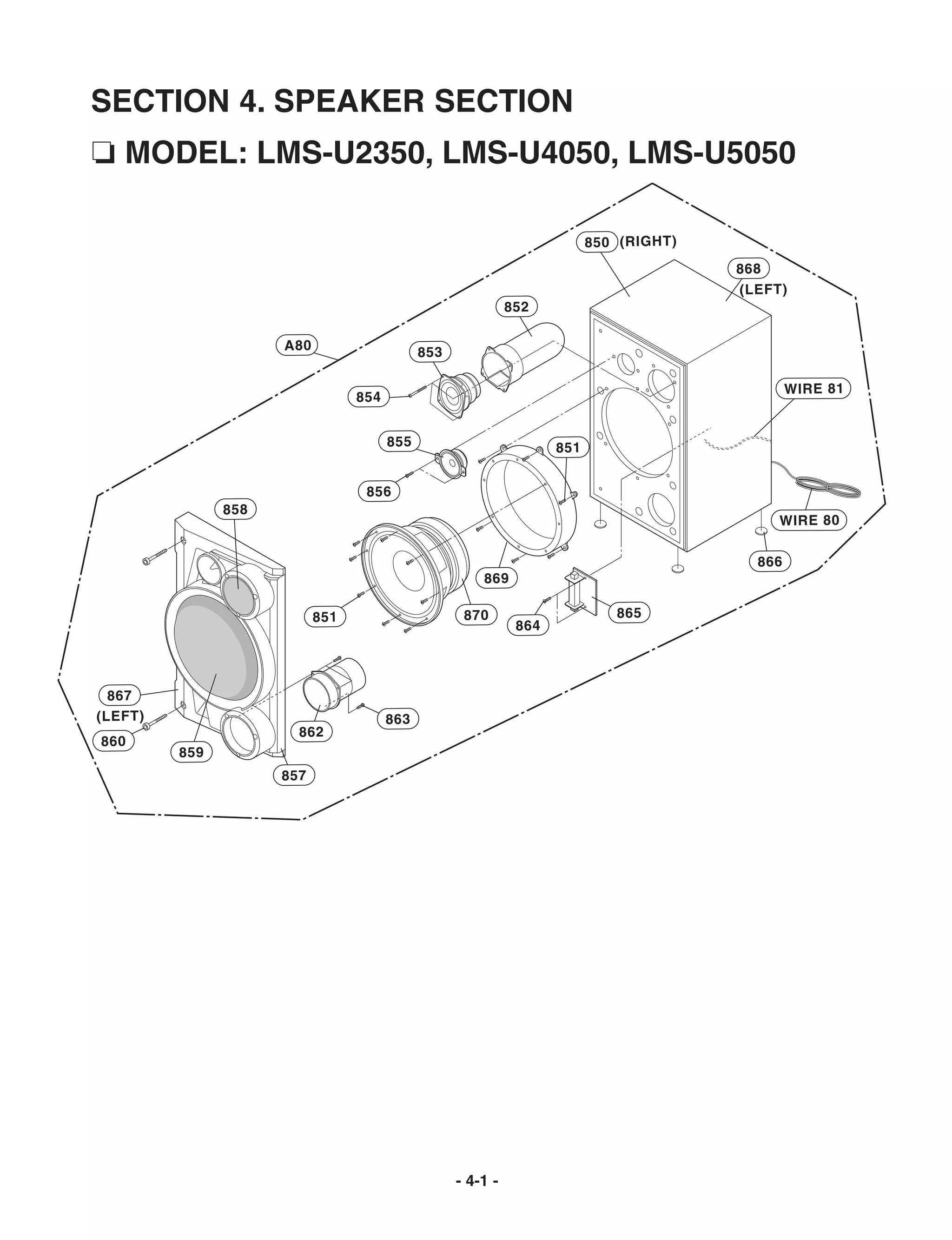 SECTION 4. SPEAKER SECTION
❏ MODEL: LMS-U2350, LMS-U4050, LMS-U5050

                                                                          850 (RIGHT)
                                                                                        868
                                                                                        (LEFT)
                                                             852

                     A80                     853

                                                                                                WIRE 81
                                 854


                                       855                          851


                                  856
               858
                                                                                             WIRE 80

                                                                                          866
                                                       869

                           851                      870                      865
                                                              864




  867
(LEFT)                                 863
                       862
860
         859
                     857




                                                   - 4-1 -
 