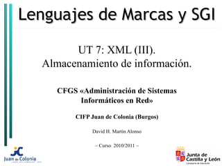 Lenguajes de Marcas y SGILenguajes de Marcas y SGI
UT 7: XML (III).
Almacenamiento de información.
CFGS «Administración de Sistemas
Informáticos en Red»
CIFP Juan de Colonia (Burgos)
David H. Martín Alonso
– Curso 2010/2011 –
 