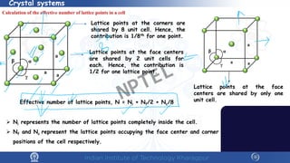 Crystal systems
Calculation of the effective number of lattice points in a cell
α
β
γ
a
a
a
Lattice points at the corners are
shared by 8 unit cell. Hence, the
contribution is 1/8th for one point.
Lattice points at the face centers
are shared by 2 unit cells for
each. Hence, the contribution is
1/2 for one lattice point.
Lattice points at the face
centers are shared by only one
unit cell.
Effective number of lattice points, N = Ni + Nf/2 + Nc/8
 Ni represents the number of lattice points completely inside the cell.
 Nf and Nc represent the lattice points occupying the face center and corner
positions of the cell respectively.
NPTEL
 