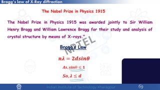 𝒏𝒏𝝀𝝀 = 𝟐𝟐𝟐𝟐𝟐𝟐𝟐𝟐𝟐𝟐𝜽𝜽
Bragg’s law of X-Ray diffraction
The Nobel Prize in Physics 1915 was awarded jointly to Sir William
Henry Bragg and William Lawrence Bragg for their study and analysis of
crystal structure by means of X-rays."
The Nobel Prize in Physics 1915
Bragg’s Law
𝑺𝑺𝑺𝑺, 𝝀𝝀 ≤ 𝒅𝒅
𝑨𝑨𝑨𝑨, 𝒔𝒔𝒔𝒔𝒔𝒔𝒔 ≤ 𝟏𝟏
NPTEL
 
