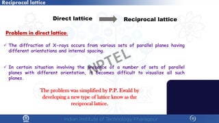 Reciprocal lattice
 The diffraction of X-rays occurs from various sets of parallel planes having
different orientations and internal spacing.
 In certain situation involving the presence of a number of sets of parallel
planes with different orientation, it becomes difficult to visualize all such
planes.
The problem was simplified by P.P. Ewald by
developing a new type of lattice know as the
reciprocal lattice.
Direct lattice Reciprocal lattice
Problem in direct lattice:
NPTEL
 