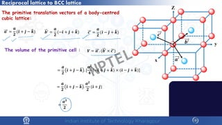 Reciprocal lattice to BCC lattice
The primitive translation vectors of a body-centred
cubic lattice:
𝒂𝒂′ =
𝒂𝒂
𝟐𝟐
( ̂
𝒊𝒊 + ̂
𝒋𝒋 − �
𝒌𝒌) 𝒃𝒃′
=
𝒂𝒂
𝟐𝟐
(− ̂
𝒊𝒊 + ̂
𝒋𝒋 + �
𝒌𝒌) 𝒄𝒄′
=
𝒂𝒂
𝟐𝟐
( ̂
𝒊𝒊 − ̂
𝒋𝒋 + �
𝒌𝒌)
The volume of the primitive cell : 𝑽𝑽 = 𝒂𝒂′
. (𝒃𝒃′ × 𝒄𝒄′)
=
𝒂𝒂
𝟐𝟐
̂
𝒊𝒊 + ̂
𝒋𝒋 − �
𝒌𝒌 . [
𝒂𝒂𝟐𝟐
𝟒𝟒
(− ̂
𝒊𝒊 + ̂
𝒋𝒋 + �
𝒌𝒌) × ( ̂
𝒊𝒊 − ̂
𝒋𝒋 + �
𝒌𝒌)]
=
𝒂𝒂
𝟐𝟐
̂
𝒊𝒊 + ̂
𝒋𝒋 − �
𝒌𝒌 .
𝒂𝒂𝟐𝟐
𝟐𝟐
( ̂
𝒊𝒊 + ̂
𝒋𝒋)
=
𝒂𝒂𝟑𝟑
𝟐𝟐
NPTEL
 