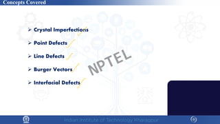Concepts Covered
Void
Crack
 Crystal Imperfections
 Point Defects
 Line Defects
 Burger Vectors
 Interfacial Defects
NPTEL
 
