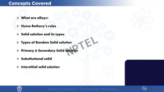  What are alloys?
 Hume-Rothery’s rules
 Solid solution and its types
 Types of Random Solid solution
 Primary & Secondary Solid solution
 Substitutional solid
 Interstitial solid solution
NPTEL
 