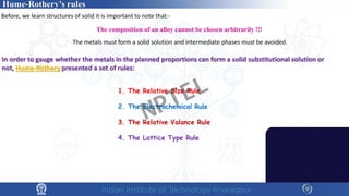 The composition of an alloy cannot be chosen arbitrarily !!!
The metals must form a solid solution and intermediate phases must be avoided.
In order to gauge whether the metals in the planned proportions can form a solid substitutional solution or
not, Hume-Rothery presented a set of rules:
Hume-Rothery’s rules
Before, we learn structures of solid it is important to note that:-
1. The Relative Size Rule
2. The Electrochemical Rule
3. The Relative Valance Rule
4. The Lattice Type Rule
NPTEL
 