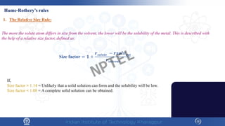Size factor = 𝟏𝟏 +
𝒓𝒓𝒔𝒔𝒔𝒔𝒔𝒔𝒔𝒔𝒔𝒔𝒔𝒔 − 𝒓𝒓𝒓𝒓𝒓𝒓𝒓𝒓𝒓𝒓𝒆𝒆𝒆𝒆𝒆𝒆
𝒓𝒓𝒔𝒔𝒔𝒔𝒔𝒔𝒔𝒔𝒔𝒔𝒔𝒔𝒕𝒕
If,
Size factor > 1.14 = Unlikely that a solid solution can form and the solubility will be low.
Size factor < 1.08 = A complete solid solution can be obtained.
Hume-Rothery’s rules
1. The Relative Size Rule:
The more the solute atom differs in size from the solvent, the lower will be the solubility of the metal. This is described with
the help of a relative size factor, defined as:
NPTEL
 