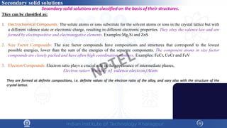 Secondary solid solutions are classified on the basis of their structures.
They can be classified as:
1. Electrochemical Compounds: The solute atoms or ions substitute for the solvent atoms or ions in the crystal lattice but with
a different valence state or electronic charge, resulting in different electronic properties. They obey the valence law and are
formed by electropositive and electronegative elements. Examples:Mg2Si and ZnS
2. Size Factor Compounds: The size factor compounds have compositions and structures that correspond to the lowest
possible energies, lower than the sum of the energies of the separate components. The component atoms in size factor
compounds are closely packed and have often high coordination numbers. Examples: FeCr, CoCr and FeV
3. Electron Compounds: Electron ratio plays a crucial role in the appearance of intermediate phases,
Electron ratio= 𝑁𝑁𝑁𝑁𝑁𝑁𝑁𝑁𝑁𝑁𝑁𝑁 𝑜𝑜𝑜𝑜 𝑣𝑣𝑣𝑣𝑣𝑣𝑣𝑣𝑣𝑣𝑣𝑣𝑣𝑣 𝑒𝑒𝑒𝑒𝑒𝑒𝑒𝑒𝑒𝑒𝑒𝑒𝑒𝑒𝑒𝑒/𝐴𝐴𝐴𝐴𝐴𝐴𝐴𝐴
They are formed at definite compositions, i.e. definite values of the electron ratio of the alloy, and vary also with the structure of the
crystal lattice.
Secondary solid solutions
NPTEL
 