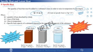 Specific Heat and Latent Heat
 Specific Heat
The quantity of heat that must be added to a substance's mass in order to raise its temperature by one degree.
Q = C m ∆t (S.I unit of specific heat is J kg-1 K-1)
Where,
Q = quantity of heat absorbed by a body
m = mass of the body
∆t = Rise in temperature
C = Specific heat capacity of a substance depends on the nature of the material of the substance.
NPTEL
 