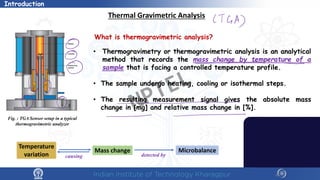 4
Introduction
Thermal Gravimetric Analysis
Temperature
variation
Mass change Microbalance
causing detected by
• Thermogravimetry or thermogravimetric analysis is an analytical
method that records the mass change by temperature of a
sample that is facing a controlled temperature profile.
• The sample undergo heating, cooling or isothermal steps.
• The resulting measurement signal gives the absolute mass
change in [mg] and relative mass change in [%].
What is thermogravimetric analysis?
Fig. : TGA Sensor setup in a typical
thermogravimetric analyzer
NPTEL
 