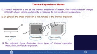 Thermal Expansion of Matter
 Thermal expansion is one of the thermal properties of matter, due to which matter changes
its length, shape, volume, and density in response to the variation in temperature.
 In general, the phase transition is not included in the thermal expansion.
𝒍𝒍
∆𝑙𝑙
Linear expansion
A
∆𝑨𝑨
Areal expansion
V
∆𝑽𝑽
Volume expansion
 The adjacent figure illustrates three types of thermal expansion,
linear, areal, and volume expansion.
NPTEL
 