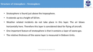 OCE551/APCE/III IT/V SEM/KG-KiTE
Structure of Atmosphere - Stratosphere
• Stratosphere is found just above the troposphere.
• It extends up to a height of 50 km.
• Weather related incidents do not take place in this layer. The air blows
horizontally here. Therefore this layer is considered ideal for flying of aircraft.
• One important feature of stratosphere is that it contains a layer of ozone gas.
• The relative thickness of the ozone layer is measured in Dobson Units.
 