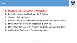 OCE551/APCE/III IT/V SEM/KG-KiTE
Topic
1. Structure and composition of Atmosphere
2. Definition, Scope and Scales of Air Pollution
3. Sources of air pollutants
4. Classification of air pollutants and their effect on human health
5. Effect of air Pollutants on Vegetation & animals
6. Effect of air Pollutants on Property aesthetic value and visibility
7. Ambient Air Quality and Emission standards.
 