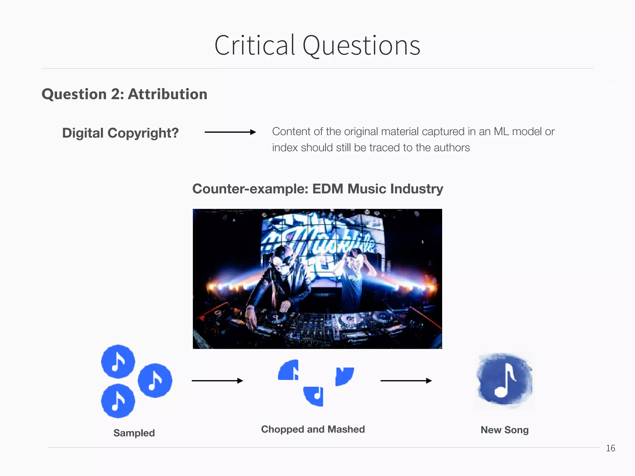 Critical Questions
17
17
Question 2: Attribution
Counter-example: EDM Music Industry
Content of the original material captured in an ML model or
index should still be traced to the authors
Digital Copyright?
Sampled Chopped and Mashed New Song
In symbolic systems, the user can apply a semiotic reading in which
the user interface acts as the ‘designer’s deputy’
If the system behavior is encoded in a statistical model, then this
humane foundation of the semiotic system is undermined
 