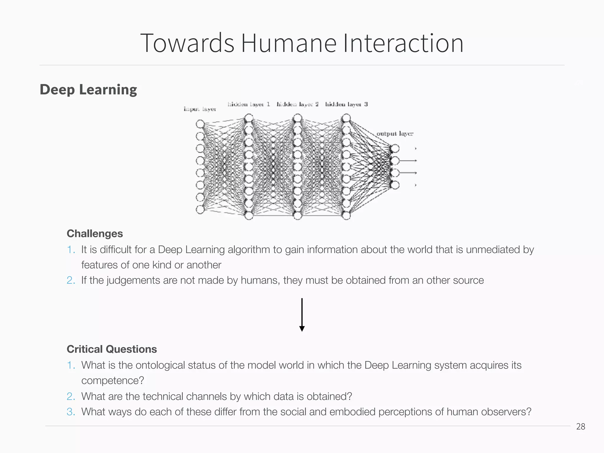 Conclusion
29
29
1. Classic theories of user interaction have been framed in relation to symbolic models of planning
and problem solving. 
 
But… 
2. Modern machine-learning systems is determined by statistical models of the world rather than
explicit symbolic descriptions. 
 
Therefore… 
3. We must explore the ways in which this new generation of technology raises fresh challenges
for the critical evaluation of interactive systems. — Humane Interaction by…
1. Features
2. Labeling
3. Conﬁdence
4. Errors
5. Deep Learning (Machine-based judgement)
 